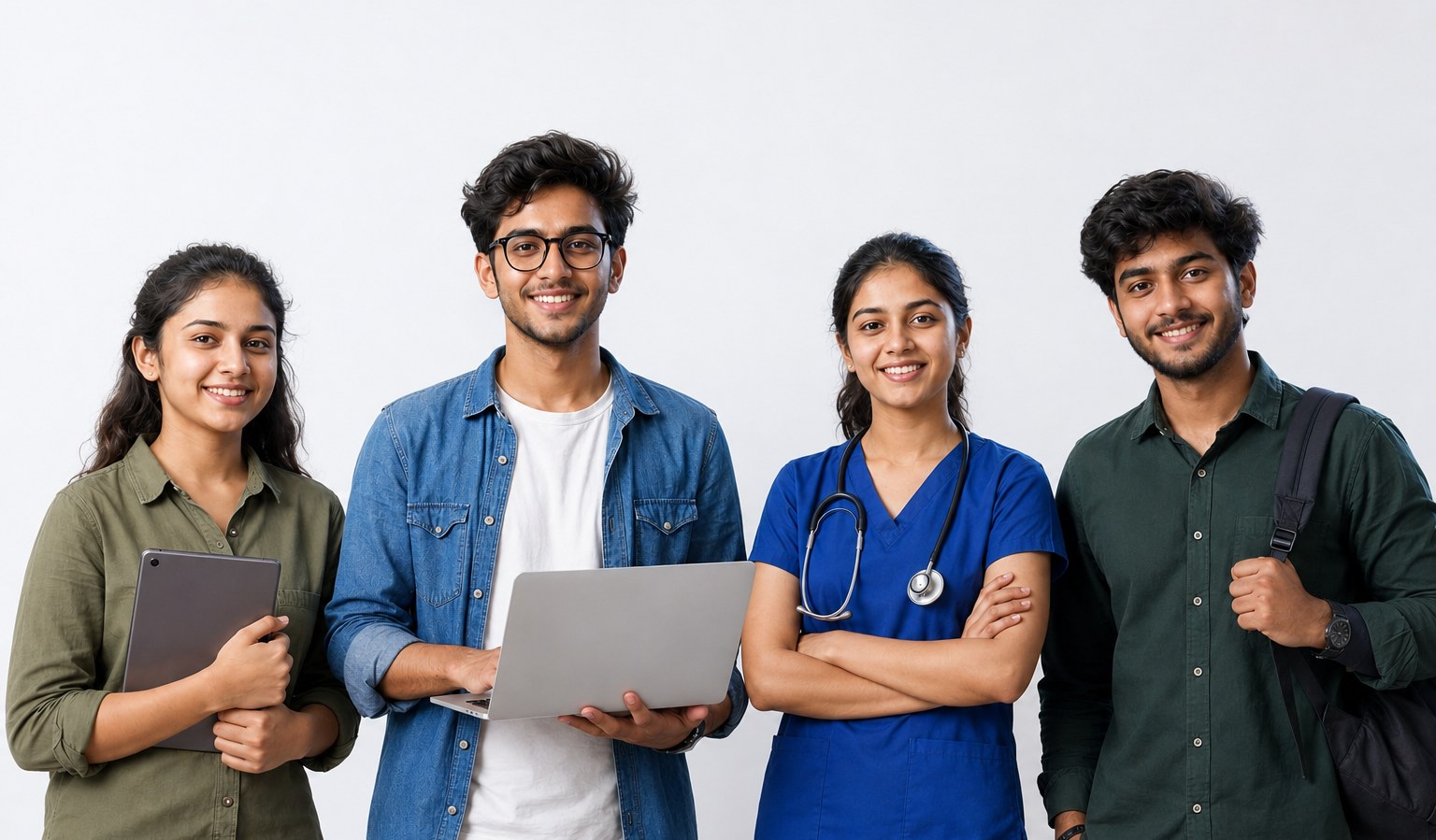 Four KIMS Education students — two with laptops, one in medical scrubs, one with a backpack